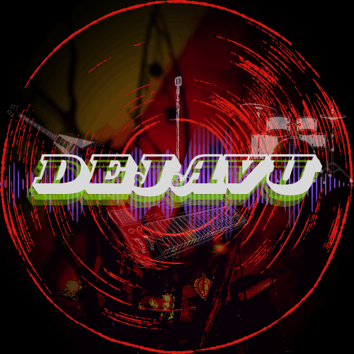 Dejavu set against a red background inside of a vinyl record and in front of a sound wave.