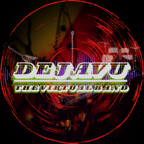 The words 'DEJAVU The Virtual Band' set in front of a soundwave behind it, the outline of a vinyl record, and a tree with ornaments hanging from it with red and grey undertones and colorful lines expanding from each side of the record.
