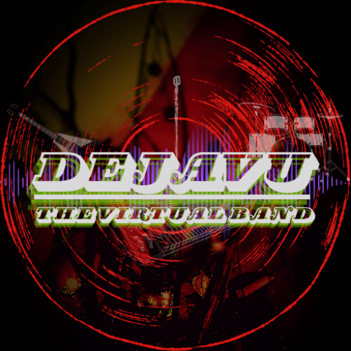 The words 'DEJAVU The Virtual Band' set in front of a soundwave behind it, the outline of a vinyl record, and a tree with ornaments hanging from it with red and grey undertones and colorful lines expanding from each side of the record.